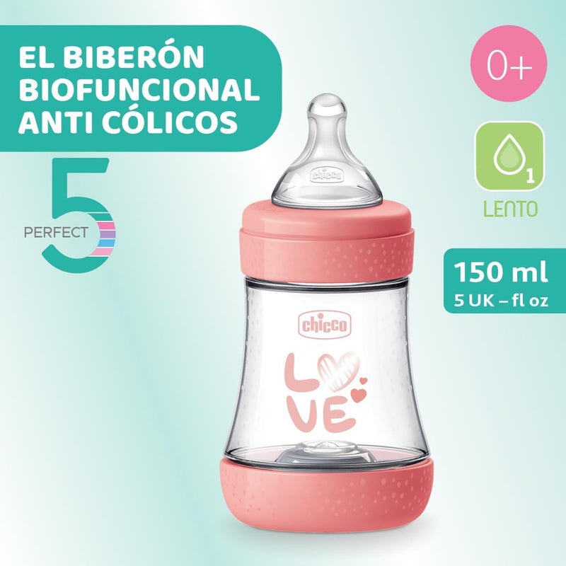 Chicco Perfect 5 Feeding Bottle 150ml Slow Flow 0m+ Silicone, Pink - Image 2